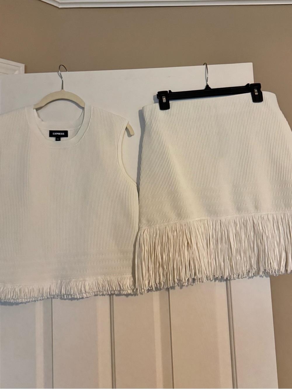 Express Cream Fringe Ribbed Knit Skirt and Sleeveless Top